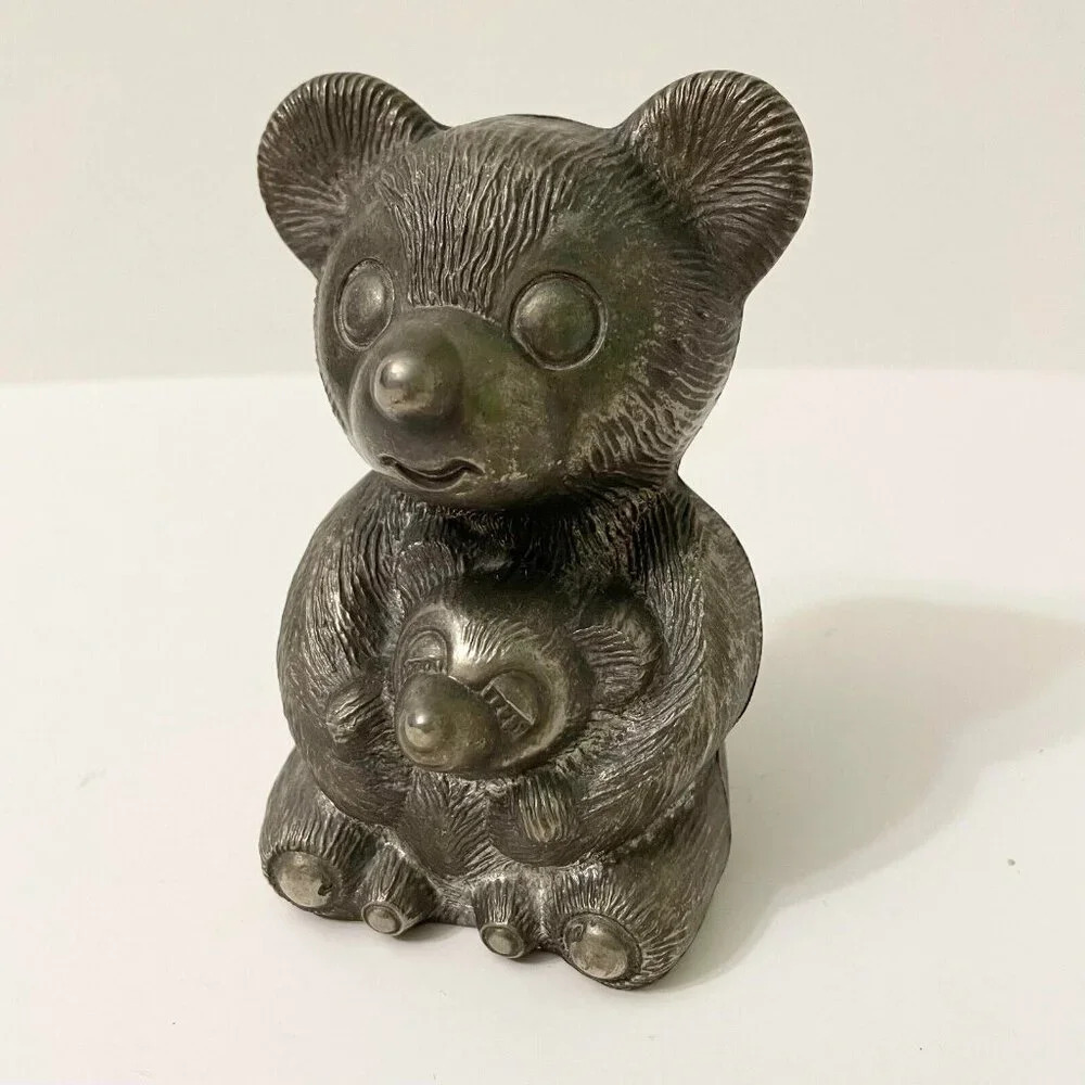 Vintage Silver Plated Metal Teddy Bear Still Coin Bank Figurine